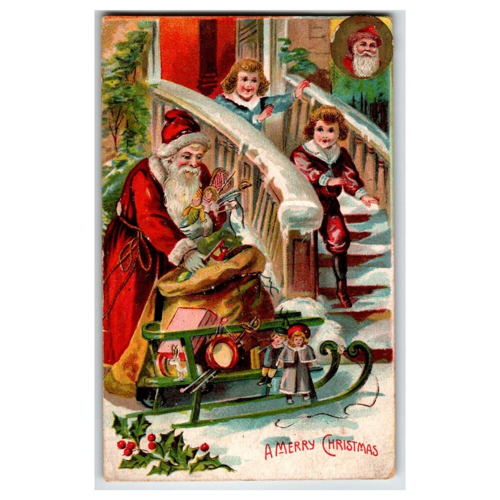 1911 Posted Antique Christmas Santa Claus Sled Children Embossed Postcard